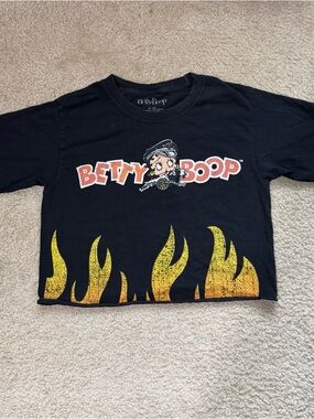 Betty Boop Black Crop Top with Yellow Flame Graphic